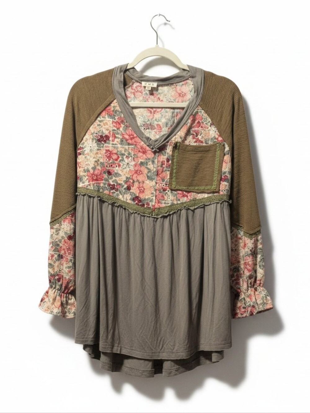 POL Womens Oversized Solid and Floral Mixed Media Boho Babydoll Top Size S